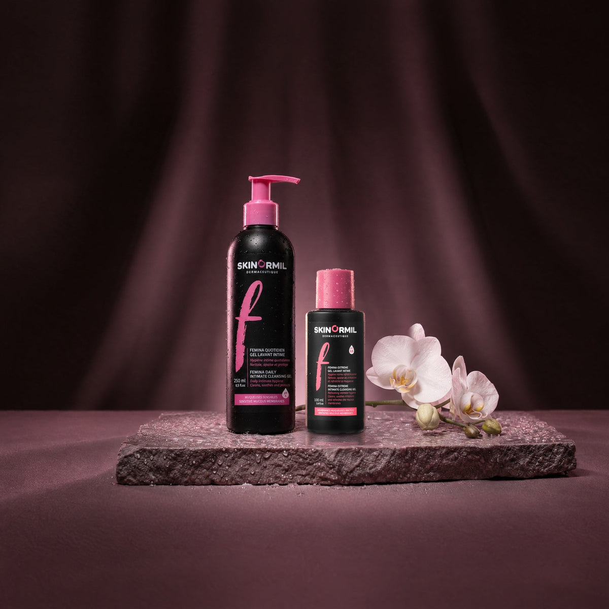 Skinormil Femina daily intimate gel and Femina Extreme, styled scene