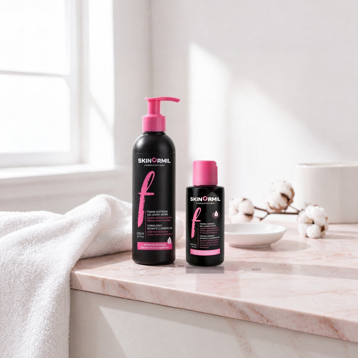 Skinormil Femina daily intimate gel and Femina Candigel in a bright bathroom