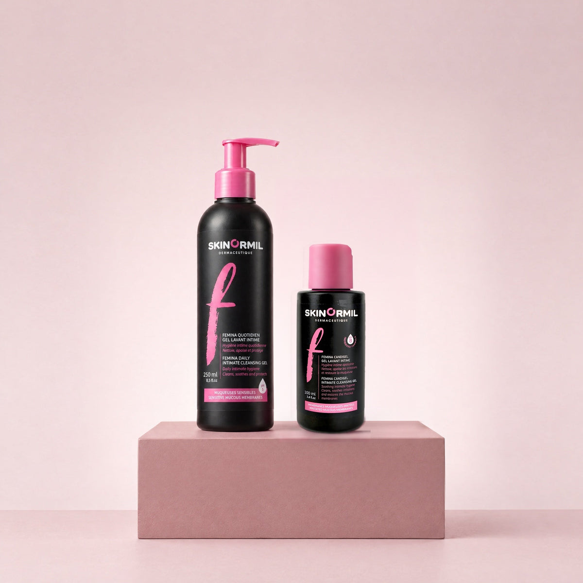 Skinormil Femina Daily and Candigel duo on a soft backdrop
