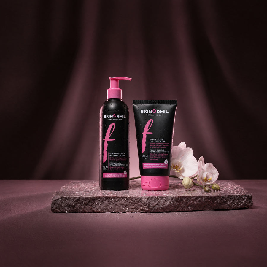 Skinormil Femina daily intimate gel and Femina Extreme, styled scene
