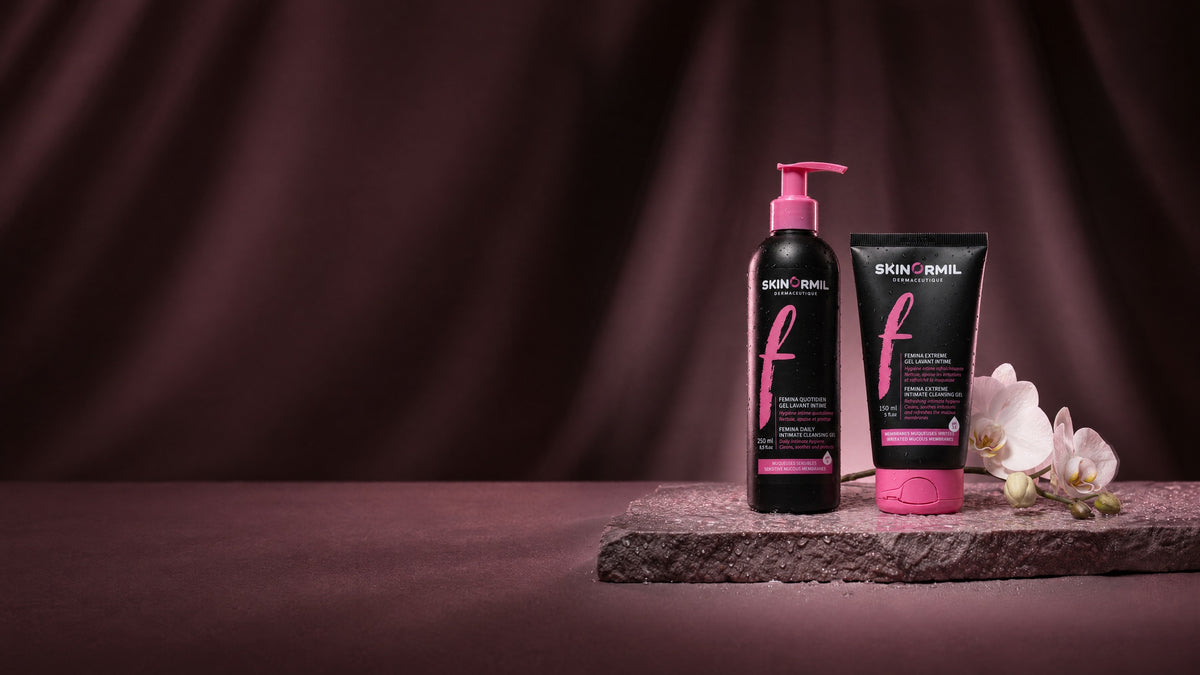 Skinormil Femina Daily and Femina Extreme intimate care on a mauve stone