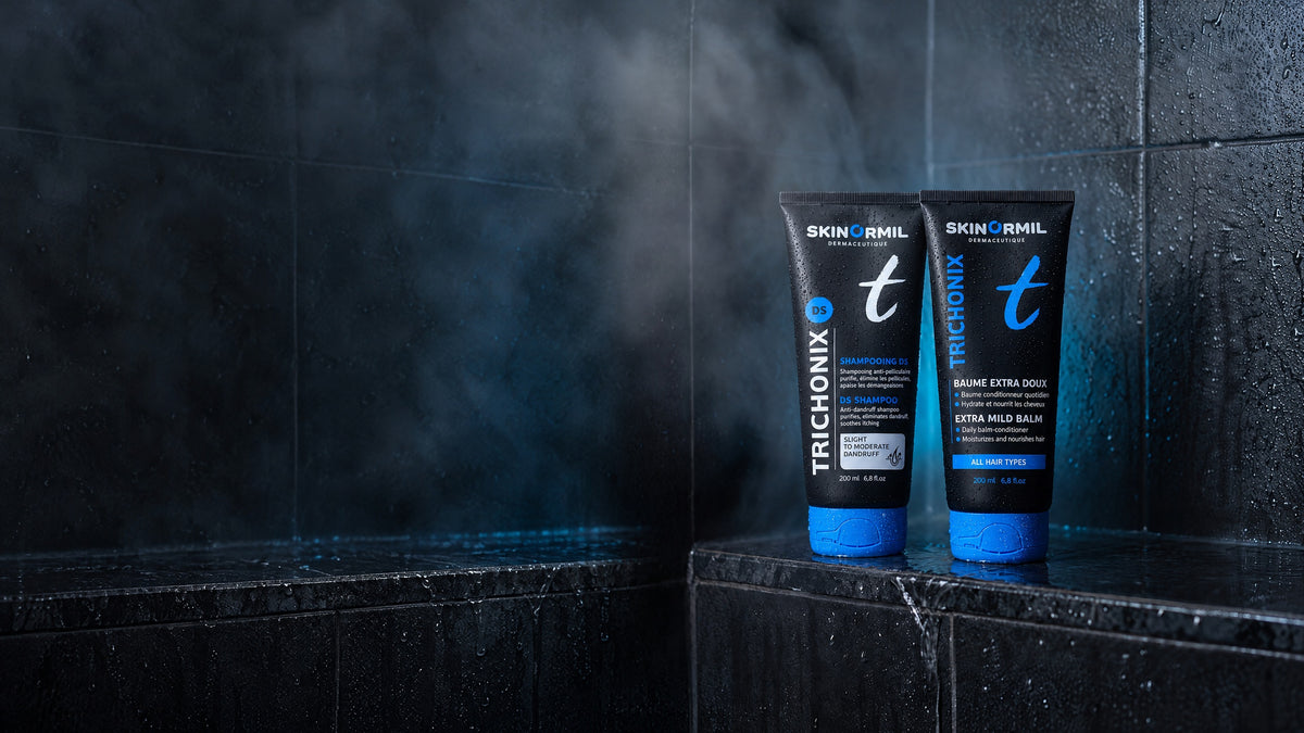 Skinormil Trichonix DS shampoo and extra mild balm in a steamy shower